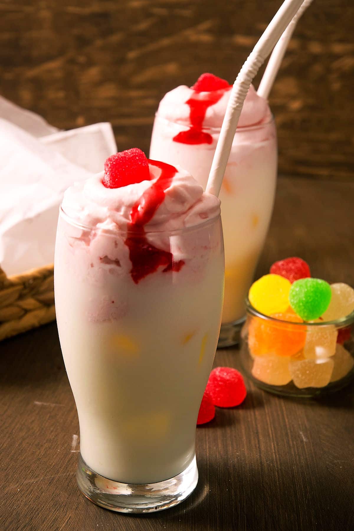 Whipped strawberry milk in glass.