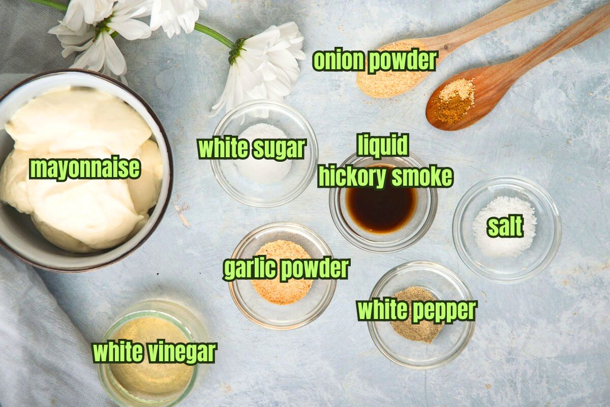 White BBQ sauce ingredients prepped and labeled on light grey background.