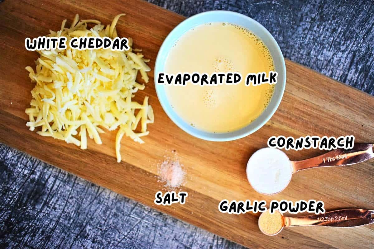 White cheddar nacho cheese sauce ingredients labeled.