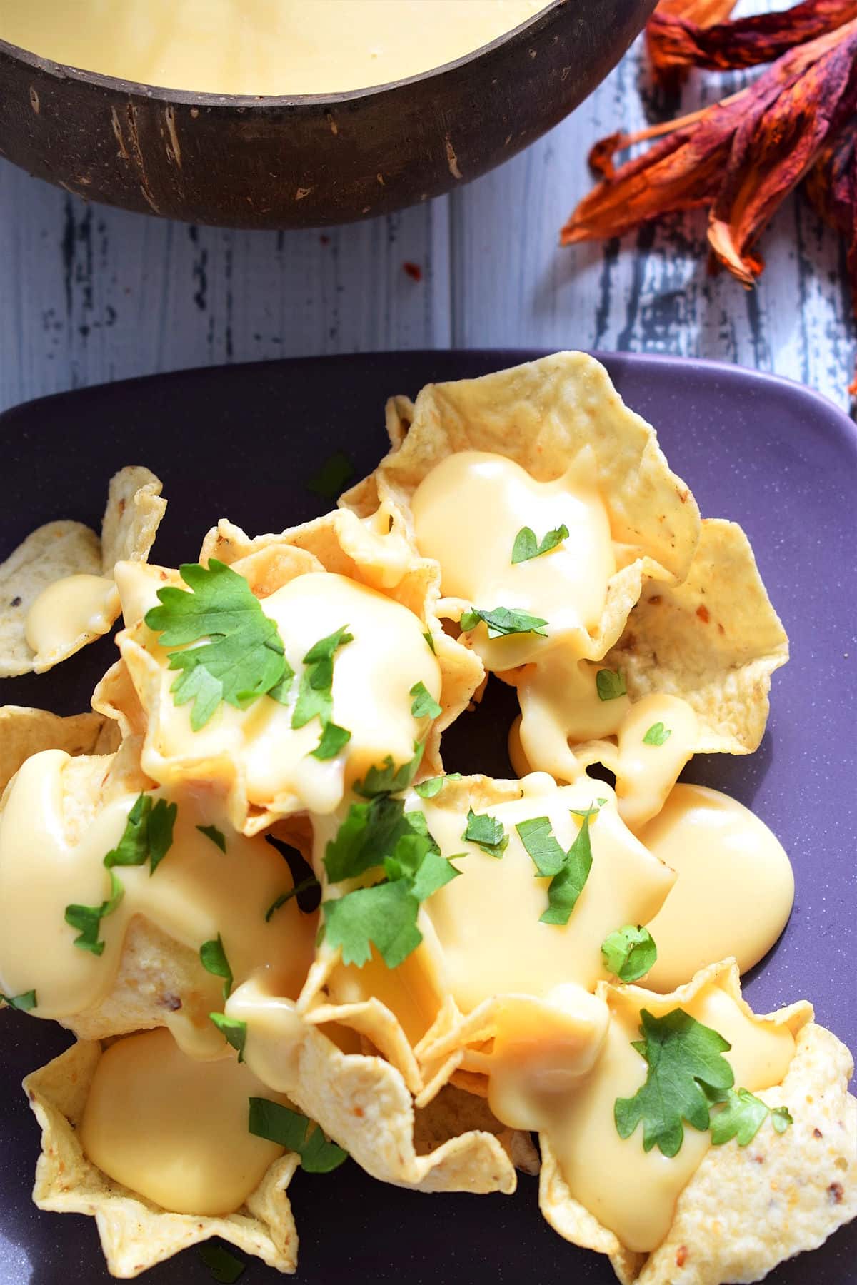 White cheddar nacho cheese sauce over tortilla chips on plate.
