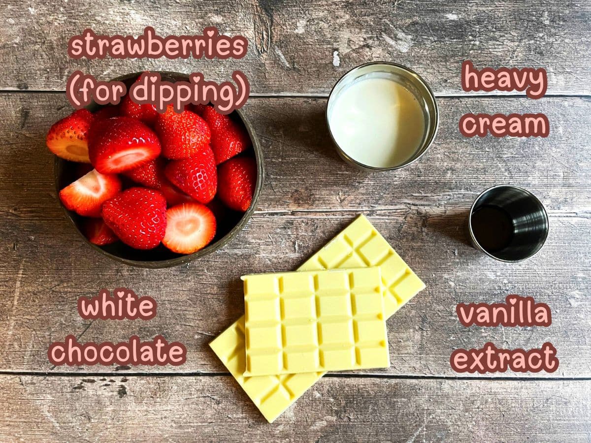 White chocolate ganache ingredients prepped and labeled.